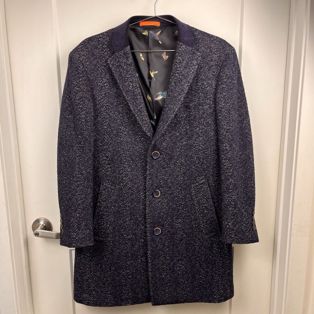Tallia Herringbone Wool Overcoat Topcoat Blazer Jacket Navy 3 Button Tweed 40"